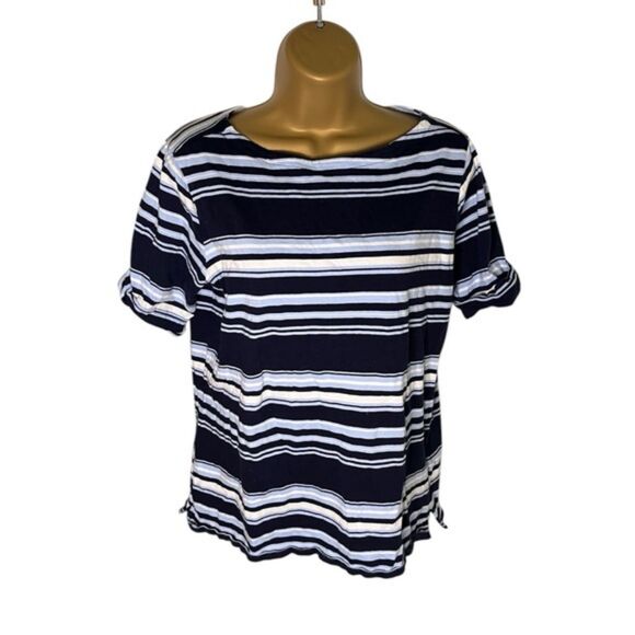 Basic Editions Striped Short Sleeve Tee Navy Combo L - Picture 1 of 6